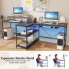 imageGiantex 945 2 Person Desk with LED Lights Long PC Study Desk with Storage Shelves Power Outlets Keyboard Tray amp Monitor Stand Double Computer Desk Workstation for Home Office BlackBlack
