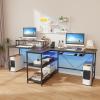 imageGiantex 945 2 Person Desk with LED Lights Long PC Study Desk with Storage Shelves Power Outlets Keyboard Tray amp Monitor Stand Double Computer Desk Workstation for Home Office BlackBlack