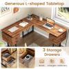 imageGiantex L Shaped Desk with Drawers 59 Large Computer Desk with Power Outlet Rustic Executive Wood Corner Desk Workstation Long Home Office Desk for Bedroom Work Study Writing Rustic Brown