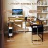 imageGiantex L Shaped Desk with LED Light amp Power Outlets Corner Computer Table with Monitor Stand and Storage Shelf Modern L Shaped Gaming Desk Ergonomic Home Office Desk BlackRustic Brown
