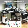imageGiantex L Shaped Desk with LED Light amp Power Outlets Corner Computer Table with Monitor Stand and Storage Shelf Modern L Shaped Gaming Desk Ergonomic Home Office Desk BlackBlack