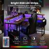 imageGiantex L Shaped Desk with LED Light amp Power Outlets Corner Computer Table with Monitor Stand and Storage Shelf Modern L Shaped Gaming Desk Ergonomic Home Office Desk BlackRustic Brown