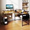 imageGiantex L Shaped Desk with LED Light amp Power Outlets Corner Computer Table with Monitor Stand and Storage Shelf Modern L Shaped Gaming Desk Ergonomic Home Office Desk BlackRustic Brown