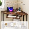 imageGiantex Small Corner Desk with Charging Station Triangle Computer Desk with Keyboard Tray amp Storage Shelf Metal Corner Writing Desk for Bedroom Small Space Home Office Black amp Rustic Brown