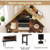 imageGiantex Small Corner Desk with Charging Station Triangle Computer Desk with Keyboard Tray amp Storage Shelf Metal Corner Writing Desk for Bedroom Small Space Home Office Black amp Rustic Brown