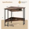 imageGiantex Small Corner Desk with Charging Station Triangle Computer Desk with Keyboard Tray amp Storage Shelf Metal Corner Writing Desk for Bedroom Small Space Home Office Black amp Rustic Brown