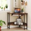 imageGiantex Small Corner Desk with Charging Station Triangle Computer Desk with Keyboard Tray amp Storage Shelf Metal Corner Writing Desk for Bedroom Small Space Home Office Black amp Rustic Brown