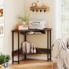 imageGiantex Small Corner Desk with Charging Station Triangle Computer Desk with Keyboard Tray amp Storage Shelf Metal Corner Writing Desk for Bedroom Small Space Home Office Black amp Rustic Brown