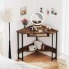 imageGiantex Small Corner Desk with Charging Station Triangle Computer Desk with Keyboard Tray amp Storage Shelf Metal Corner Writing Desk for Bedroom Small Space Home Office Black amp Rustic Brown