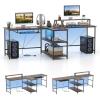 imageGiantex 945 2 Person Desk with LED Lights Long PC Study Desk with Storage Shelves Power Outlets Keyboard Tray amp Monitor Stand Double Computer Desk Workstation for Home Office BlackRustic Brown