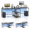imageGiantex 945 2 Person Desk with LED Lights Long PC Study Desk with Storage Shelves Power Outlets Keyboard Tray amp Monitor Stand Double Computer Desk Workstation for Home Office BlackBlack