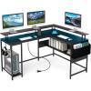 imageGiantex L Shaped Desk with LED Light amp Power Outlets Corner Computer Table with Monitor Stand and Storage Shelf Modern L Shaped Gaming Desk Ergonomic Home Office Desk BlackBlack