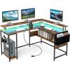 imageGiantex L Shaped Desk with LED Light amp Power Outlets Corner Computer Table with Monitor Stand and Storage Shelf Modern L Shaped Gaming Desk Ergonomic Home Office Desk BlackRustic Brown