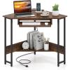 imageGiantex Small Corner Desk with Charging Station Triangle Computer Desk with Keyboard Tray amp Storage Shelf Metal Corner Writing Desk for Bedroom Small Space Home Office Black amp Rustic Brown