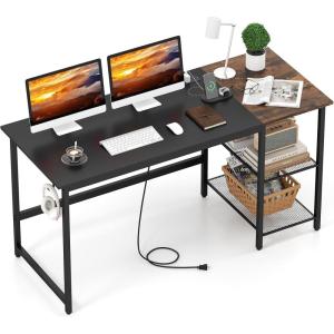 imageGiantex 59 Inch Computer Desk with Charging Station Home Office Desk with Storage Shelves amp Hook Modern Laptop PC Table Workstation Study Writing Desk for Bedroom Rustic BrownBlack