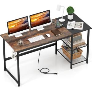 imageGiantex 59 Inch Computer Desk with Charging Station Home Office Desk with Storage Shelves amp Hook Modern Laptop PC Table Workstation Study Writing Desk for Bedroom Rustic BrownRustic Brown