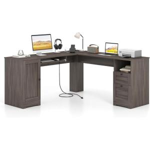 imageGiantex 66 LShaped Desk with Storage Drawers amp Charging Station Spacious Corner Computer Desk with Keyboard Tray Adjustable Shelf Cabinet Huge Workspace Home Office Study Writing Desk NaturalGrey Oak