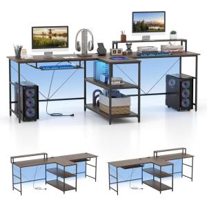 imageGiantex 945 2 Person Desk with LED Lights Long PC Study Desk with Storage Shelves Power Outlets Keyboard Tray amp Monitor Stand Double Computer Desk Workstation for Home Office BlackRustic Brown