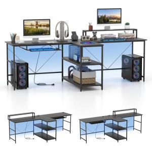 imageGiantex 945 2 Person Desk with LED Lights Long PC Study Desk with Storage Shelves Power Outlets Keyboard Tray amp Monitor Stand Double Computer Desk Workstation for Home Office BlackBlack