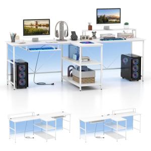 imageGiantex 945 2 Person Desk with LED Lights Long PC Study Desk with Storage Shelves Power Outlets Keyboard Tray amp Monitor Stand Double Computer Desk Workstation for Home Office BlackWhite