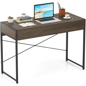 imageGiantex Computer Desk with 2 Drawers 44 Inch Home Office Desk with AntiToppling Device amp Metal Frame Compact Laptop PC Table Vanity Table Modern Study Writing Desk for Small Spaces Grey OakGrey Oak