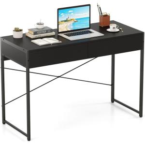 imageGiantex Computer Desk with 2 Drawers 44 Inch Home Office Desk with AntiToppling Device amp Metal Frame Compact Laptop PC Table Vanity Table Modern Study Writing Desk for Small Spaces Grey OakBlack