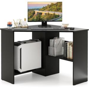 imageGiantex Corner Desk SpaceSaving Triangle Computer Desk with Storage Shelves amp CPU Stand Modern Makeup Vanity Table for Bedroom Writing Desk for Small Spaces WhiteBlack