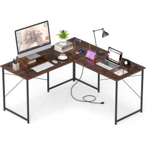 imageGiantex L Shaped Computer Desk 59 Inch Reversible Corner Desk with Power Outlet and USB Ports amp Monitor Stand Wooden Writing Desk Gaming Table for Home Office Room Small Space BlackRustic Brown