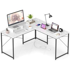 imageGiantex L Shaped Computer Desk 59 Inch Reversible Corner Desk with Power Outlet and USB Ports amp Monitor Stand Wooden Writing Desk Gaming Table for Home Office Room Small Space BlackWhite