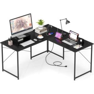 imageGiantex L Shaped Computer Desk 59 Inch Reversible Corner Desk with Power Outlet and USB Ports amp Monitor Stand Wooden Writing Desk Gaming Table for Home Office Room Small Space BlackBlack