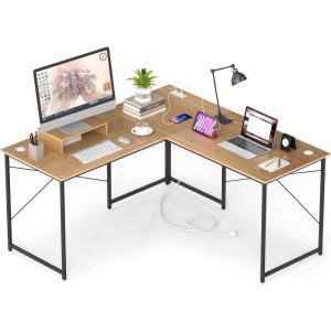 imageGiantex L Shaped Computer Desk 59 Inch Reversible Corner Desk with Power Outlet and USB Ports amp Monitor Stand Wooden Writing Desk Gaming Table for Home Office Room Small Space BlackNatural