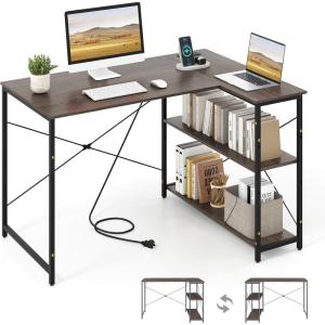 imageGiantex L Shaped Desk with Charging Station 47 Inch Reversible Computer Desk with Adjustable Storage Shelves amp Metal Frame Modern Corner Desk for Home Office Studying Writing Gaming WhiteGrey Oak