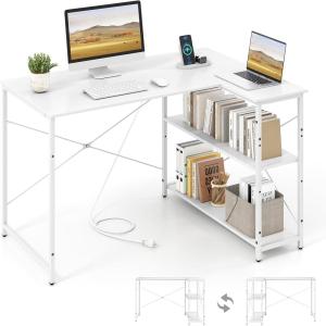imageGiantex L Shaped Desk with Charging Station 47 Inch Reversible Computer Desk with Adjustable Storage Shelves amp Metal Frame Modern Corner Desk for Home Office Studying Writing Gaming WhiteWhite
