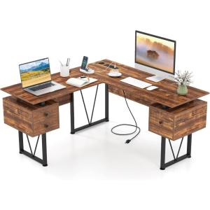 imageGiantex L Shaped Desk with Drawers 59 Large Computer Desk with Power Outlet Rustic Executive Wood Corner Desk Workstation Long Home Office Desk for Bedroom Work Study Writing Rustic Brown