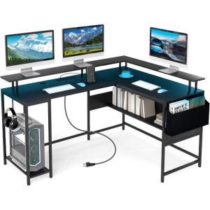 imageGiantex L Shaped Desk with LED Light amp Power Outlets Corner Computer Table with Monitor Stand and Storage Shelf Modern L Shaped Gaming Desk Ergonomic Home Office Desk BlackBlack