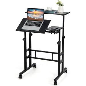 imageGiantex Mobile Standing Desk Adjustable Rolling Computer Desk wTilting Desktop amp Storage Shelves PC Laptop Table Small Compact Desk on Wheels for Small Space Living Room amp Bedroom Black OakBlack
