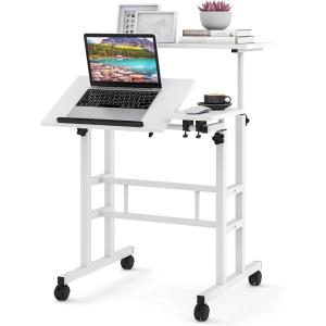 imageGiantex Mobile Standing Desk Adjustable Rolling Computer Desk wTilting Desktop amp Storage Shelves PC Laptop Table Small Compact Desk on Wheels for Small Space Living Room amp Bedroom Black OakWhite