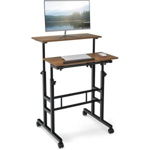 imageGiantex Mobile Standing Desk Adjustable Rolling Computer Desk wTilting Desktop amp Storage Shelves PC Laptop Table Small Compact Desk on Wheels for Small Space Living Room amp Bedroom Black OakWalnut