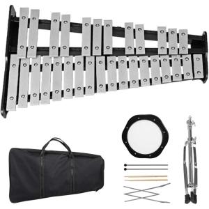 imageGiantex Percussion Glockenspiel Bell Kit 30 Notes with Carry Case Practice Pad Adjustable Height Stand Bell Mallets Wooden Sticks Music Stand Xylophone Percussion Instrument SetBirch Wood  Aluminum