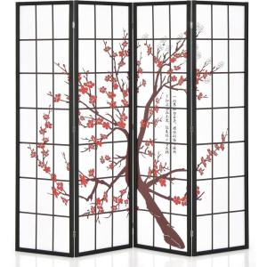 imageGiantex Room Divider 4 Panel 6FT Room Dividers Folding Privacy Screen Oriental Shoji Screen for Room Separation Portable Freestanding Japanese Wall Partition with Plum Blossom Design White
