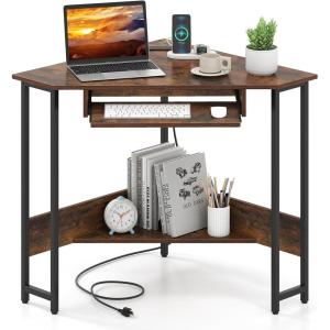 imageGiantex Small Corner Desk with Charging Station Triangle Computer Desk with Keyboard Tray amp Storage Shelf Metal Corner Writing Desk for Bedroom Small Space Home Office Black amp Rustic Brown
