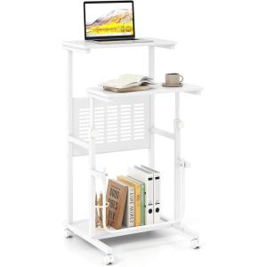 imageGiantex Small Standing Desk Height Adjustable Portable Laptop Cart on Wheels with Storage Shelves amp Swivel Footrest Computer Workstation Rolling Table for School Lecture Home Office WhiteWhite
