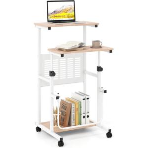 imageGiantex Small Standing Desk Height Adjustable Portable Laptop Cart on Wheels with Storage Shelves amp Swivel Footrest Computer Workstation Rolling Table for School Lecture Home Office WhiteNatural