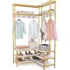 imageGiantex Corner Coat Rack with Shoe Bench LShaped Garment Rack with 5 Shelves amp 7 Hooks Heavy Duty Freestanding Clothes Racks Entryway Bench with Shoes Organizer for Hallway Walnut amp BlackWhite  Gold
