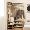imageGiantex Corner Coat Rack with Shoe Bench LShaped Garment Rack with 5 Shelves amp 7 Hooks Heavy Duty Freestanding Clothes Racks Entryway Bench with Shoes Organizer for Hallway Walnut amp BlackWhite  Gold