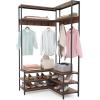 imageGiantex Corner Coat Rack with Shoe Bench LShaped Garment Rack with 5 Shelves amp 7 Hooks Heavy Duty Freestanding Clothes Racks Entryway Bench with Shoes Organizer for Hallway Walnut amp BlackWalnut  Black