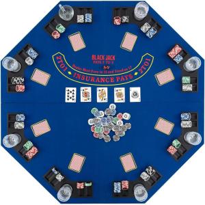imageGiantex 48 Poker Table Top  8 Player Foldable Texas Holdem Poker Table Topper wCarrying Bag Cup Holders Chip Trays Portable AntiSlip Blackjack Octagonal Poker Mat Layout for Card Casino GameBlue With Text
