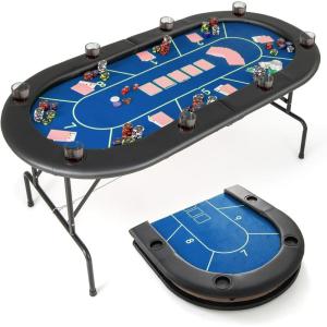 imageGiantex 8 Player Poker Table Foldable Folding Card Board Game Table w8 Cup Holders amp Comfy Armrests Casino Grade Felt Portable Oval Texas Holdem Blackjack Poker Tables No Assemble RequiredBlue Layout