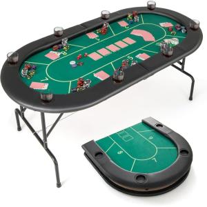 imageGiantex 8 Player Poker Table Foldable Folding Card Board Game Table w8 Cup Holders amp Comfy Armrests Casino Grade Felt Portable Oval Texas Holdem Blackjack Poker Tables No Assemble RequiredDark Green Layout