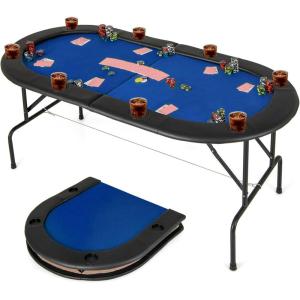 imageGiantex 8 Player Poker Table Foldable Folding Card Board Game Table w8 Cup Holders amp Comfy Armrests Casino Grade Felt Portable Oval Texas Holdem Blackjack Poker Tables No Assemble RequiredBlue Plain